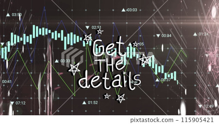 Image of stars around get the details text over graph, numbers over connected dots in globe 115905421