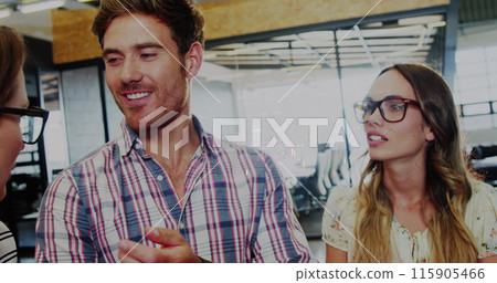 Image of financial data processing over diverse business people at office 115905466