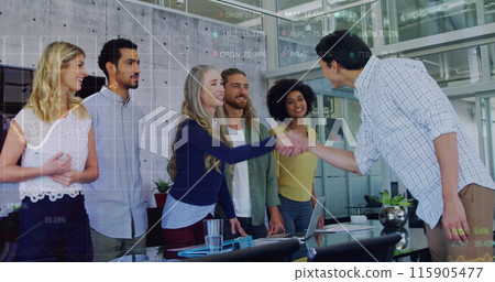 Image of financial data processing over diverse business people at office Image of financial data processing over diverse business people at office 115905477
