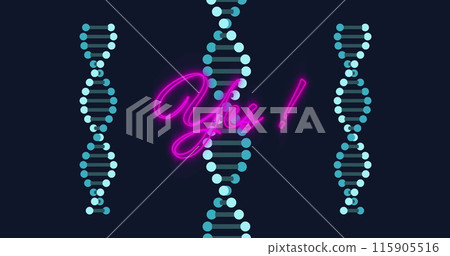 Image of neon purple yes text banner over spinning dna structures against black background 115905516