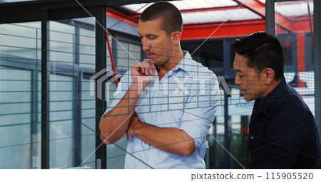 Image of tunnel in seamless pattern over two diverse men discussing at office 115905520