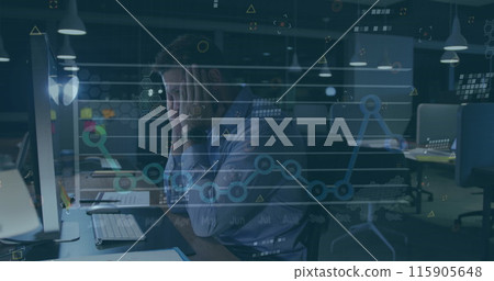 Image of financial data processing over caucasian businessman using computer Image of financial data processing over caucasian businessman using computer 115905648