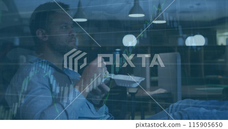 Image of financial data processing over caucasian businessman eating in office Image of financial data processing over caucasian businessman eating in office 115905650