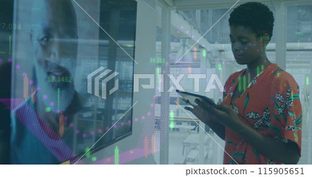 Image of data processing over african american business people working in office Image of data processing over african american business people working in office 115905651