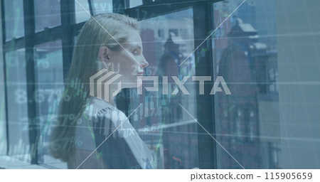 Image of financial data processing over caucasian businesswoman in office Image of financial data processing over caucasian businesswoman in office 115905659
