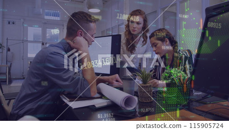 Image of statistics and data processing over diverse business people working in office 115905724