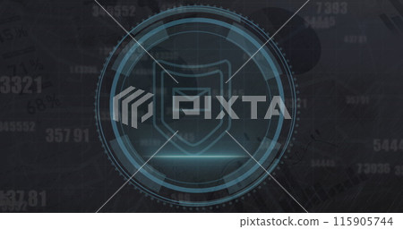 An image of a digital shield in a circle with cyber security statistics on a black background 115905744