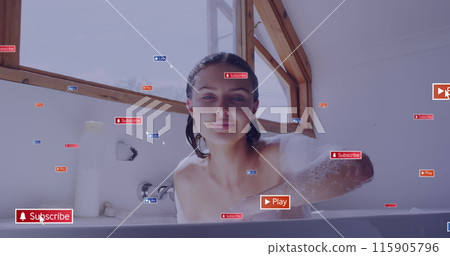 Image of media icons over happy caucasian woman taking bath Image of media icons over happy caucasian woman taking bath 115905796