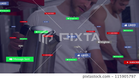 Image of media icons over caucasian men pouring coffee Image of media icons over caucasian men pouring coffee 115905797