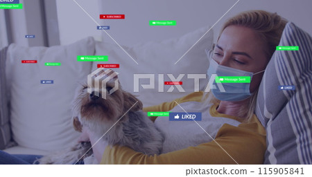 Image of media icons over caucasian woman with face mask petting dog 115905841