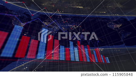 Image of data processing over world map on black background 115905848
