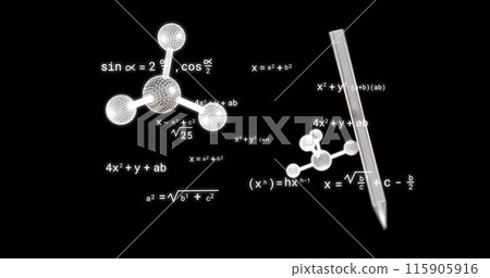 Image of icons over mathematical equations on black background 115905916