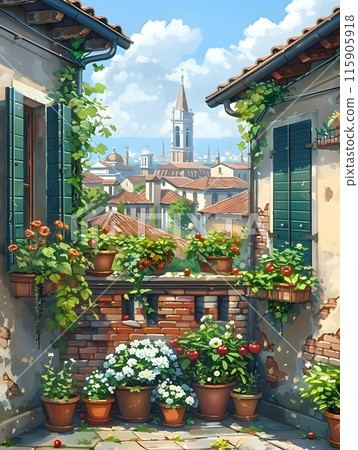 A charming balcony adorned with blooming potted plants overlooks a bustling cityscape, with picturesque buildings and a scenic sky A charming balcony adorned with blooming potted plants overlooks a bustling cityscape, with picturesque buildings and a scenic sky 115905918