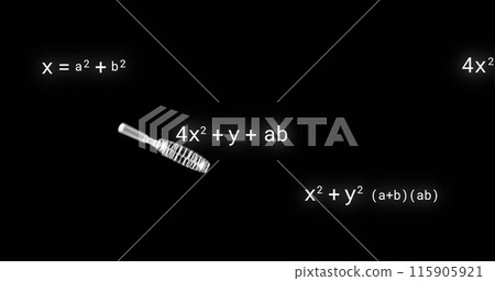 Image of icons over mathematical equations on black background Image of icons over mathematical equations on black background 115905921