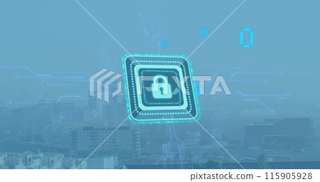 Image of padlock in squares over binary codes against modern cityscape against sky 115905928