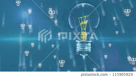 Image of 3d light bulb over robot icons against falling binary codes on blue background 115905929