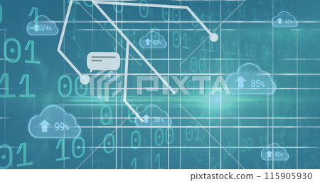 Image of arrow, countdown from 0 to 100 in clouds against binary codes on abstract background 115905930