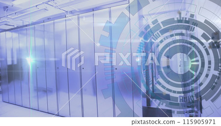 Image of loading circles over lens flare against server room in background Image of loading circles over lens flare against server room in background 115905971