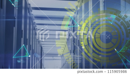Image of loading circles over connected dots forming shapes against server room 115905986