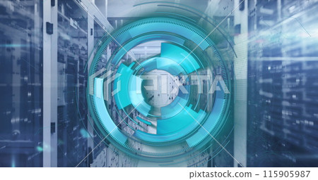 Image of loading circles and illuminated patterns moving on data racks in server room 115905987