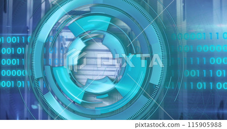 Image of loading circles over binary codes and lens flares against server room 115905988