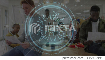 Image of cyber security text and lock icon over diverse fashion designers working in studio Image of cyber security text and lock icon over diverse fashion designers working in studio 115905995