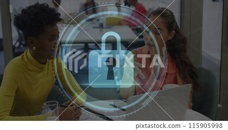 Image of cyber security text, lock icon, diverse female coworkers planning strategy over laptop 115905998