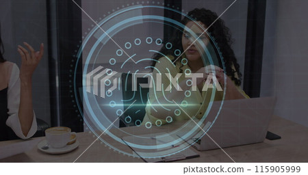 Image of cyber security text, thumbprint icon, diverse woman discussing with coworker in meeting 115905999