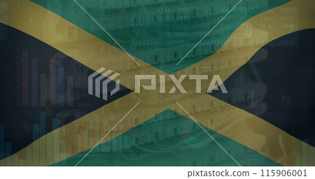 Image of texts and graphs over flag of jamaica against ethernet cables connected to modem Image of texts and graphs over flag of jamaica against ethernet cables connected to modem 115906001