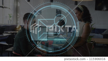 Image of cyber security text and envelope icon, caucasian coworkers discussing over laptop Image of cyber security text and envelope icon, caucasian coworkers discussing over laptop 115906016