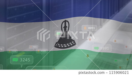 Image of numbers and icon in notification bars over lesotho flag against server room Image of numbers and icon in notification bars over lesotho flag against server room 115906021