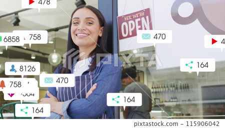 Image of social media data processing over biracial sales woman in grocery store Image of social media data processing over biracial sales woman in grocery store 115906042