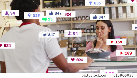 Image of social media data processing over diverse people in grocery store 115906053