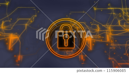 Image of security padlock icon and yellow light trails against grey background 115906085