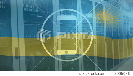 Image of cellphone in circle and rwanda flag over computer language against server room 115906088
