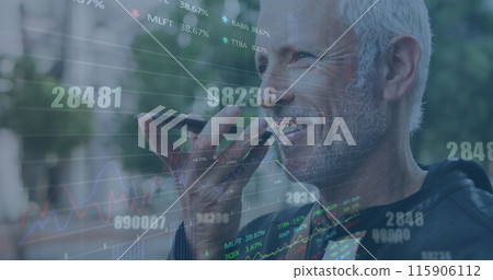 Image of data processing over caucasian man using smartphone Image of data processing over caucasian man using smartphone 115906112