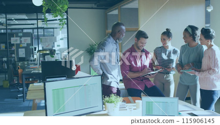 Image of financial data processing over diverse business people in office Image of financial data processing over diverse business people in office 115906145