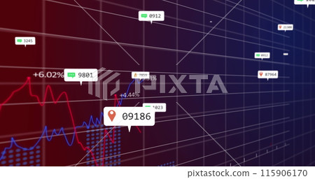 Image of notification bars with multiple graphs and changing numbers over black background 115906170