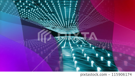 Purple and red abstract shapes over network of glowing lights on black 115906174