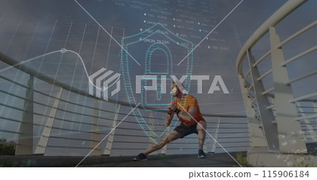 Image of padlock and data processing over caucasian man stretching in city Image of padlock and data processing over caucasian man stretching in city 115906184