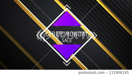 Cyber monday text in white with purple triangles over diagonal gold stripes on black background 115906195