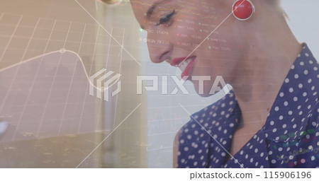 Image of multiple graphs and trading boards, smiling caucasian woman scrolling on smartphone Image of multiple graphs and trading boards, smiling caucasian woman scrolling on smartphone 115906196