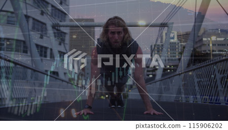 Image of financial data processing over caucasian man doing push ups in city 115906202