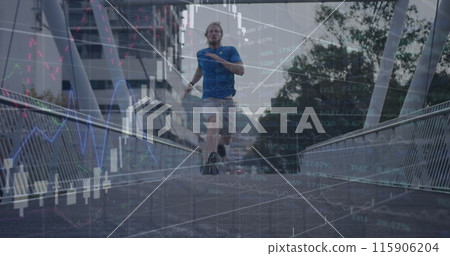 Image of graphs with changing numbers and stock market over caucasian male running outdoors Image of graphs with changing numbers and stock market over caucasian male running outdoors 115906204