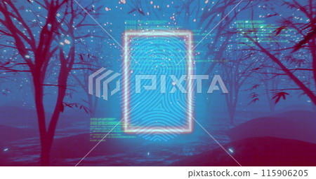 Biometric fingerprint interface over lights in trees on path at night Biometric fingerprint interface over lights in trees on path at night 115906205