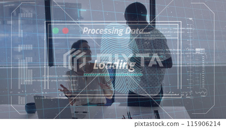 Image of fingerprint scanner, data processing over two diverse women discussing at office 115906214