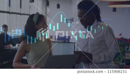 Image of statistical data processing against diverse man and woman discussing at office 115906231