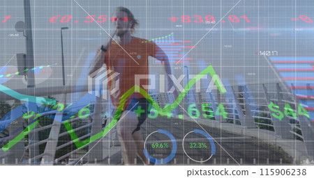 Image of financial data processing over caucasian man running in city Image of financial data processing over caucasian man running in city 115906238