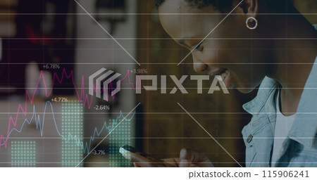 Image of multiple graphs with changing numbers, african american woman scrolling on smartphone Image of multiple graphs with changing numbers, african american woman scrolling on smartphone 115906241