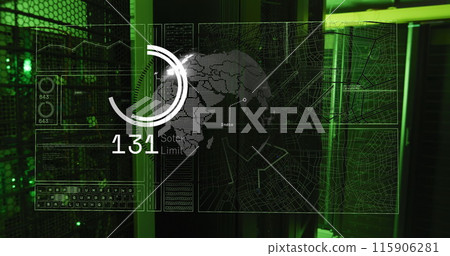 Image of data processing over globe and computer servers 115906281